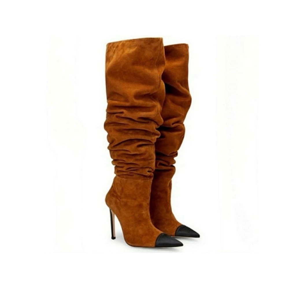 Good American Brown Suede Knee-High Boots with Black Heel & Toe